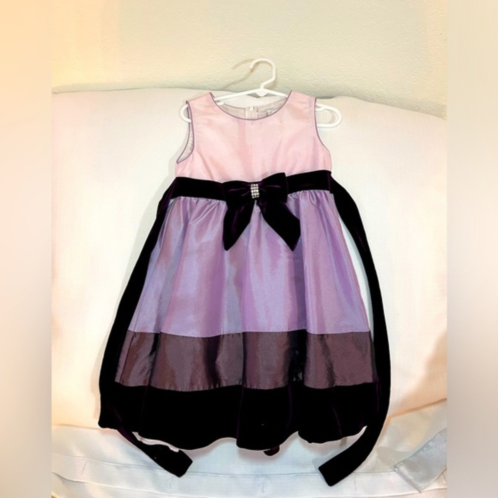 EUC Rare Editions 5T Sleeveless Pink & Purple Color Block Dress with Velvet Sash